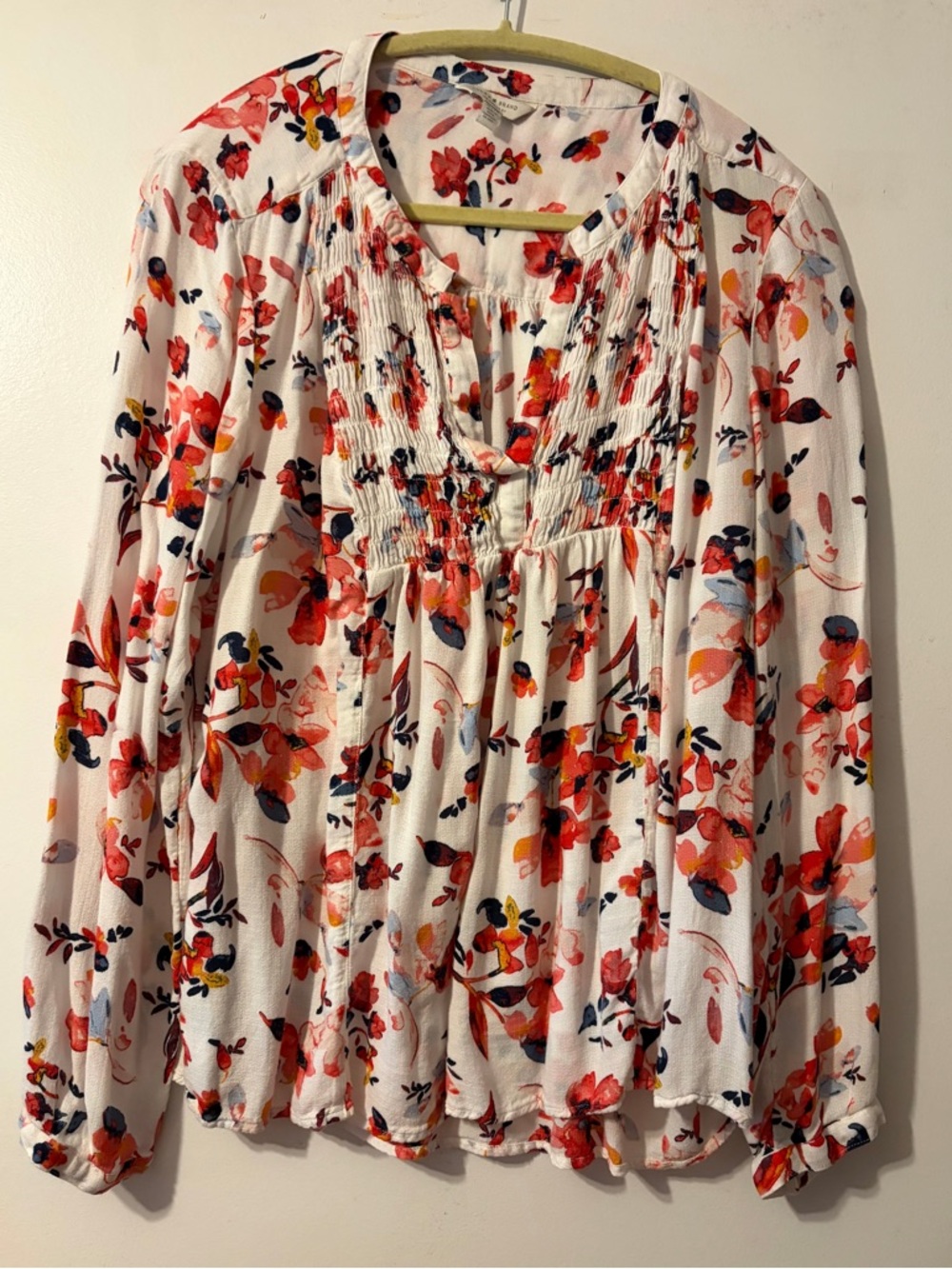 4/$25 Lucky Brand Floral Smocked Yoke Long-Sleeve Blouse - White w Red Floral